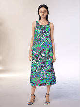 Bold and vibrant Nela dress by Blissfully Brand, featuring a retro-inspired, multicolored abstract swirl and floral pattern in greens, blues, and purples; sleeveless midi-length design perfect for making a statement for chic, retro fashion enthusiasts