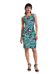 Bold and vibrant retro chic Nela dress by Blissfully Brand featuring a colorful abstract paisley-inspired pattern with swirls, florals, and geometric accents, designed for confident women who embrace statement-making fashion with a sleek, fitted silhouette.