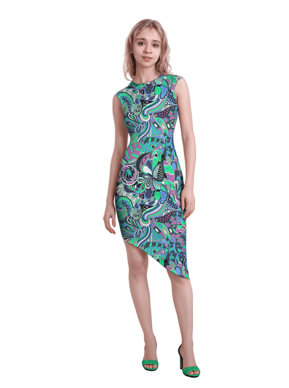 Bold retro-chic Nela dress by Blissfully Brand featuring a vibrant, asymmetrical pattern in swirling greens, purples, and blues with floral and abstract shapes, perfect for statement-makers ready to embrace vintage vibes with modern flair