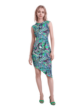 Bold retro-chic Nela dress by Blissfully Brand featuring a vibrant, asymmetrical pattern in swirling greens, purples, and blues with floral and abstract shapes, perfect for statement-makers ready to embrace vintage vibes with modern flair