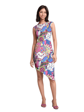 Bold and vibrant retro-chic Sechia dress by Blissfully Brand featuring a sleeveless design, asymmetrical hemline, and a colorful, psychedelic floral pattern perfect for statement-making fashion lovers.