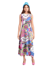 Bold retro chic Sechia dress by Blissfully Brand featuring a vibrant, multicolored abstract pattern with swirls, florals, and geometric shapes; sleeveless maxi dress silhouette designed for statement-making, confident dressers