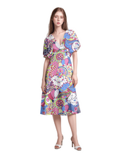 Blissfully Brand Sechia Print Draped V-Neck Midi Dress — electric lime green, hot pink, cobalt blue and navy maximalist psychedelic print, butterfly sleeves, relaxed fit, 45 inch length, Profonde Collection, made to order Montreal