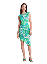 Umibe dress by Blissfully Brand featuring a bold, vibrant retro-chic pattern with swirling greens, blues, and floral motifs, designed in a sleeveless, asymmetrical hemline silhouette. Perfect for confident statement-makers who embrace unique, eye-catching fashion