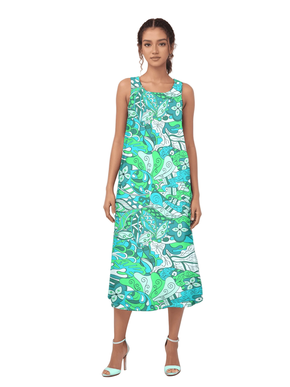 Umibe Dress by Blissfully Brand: A stunning sleeveless maxi dress in a swirling teal and lime green paisley print. Perfect for the retro-chic dresser who loves to make a statement.