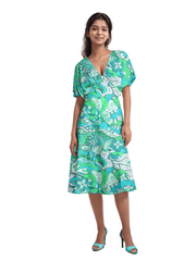Blissfully Brand Umibe Print Draped V-Neck Midi Dress — electric green, aqua and white abstract botanical tropical print, butterfly sleeves, relaxed flowing 45 inch length, Profonde Collection, made to order Montreal