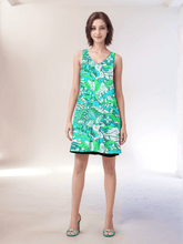 Bold retro chic reversible dress by Blissfully Brand, featuring a vibrant green, blue, and white psychedelic pattern with swirls, florals, and abstract designs. Sleeveless with a flattering A-line silhouette, perfect for making a statement in vintage-inspired style