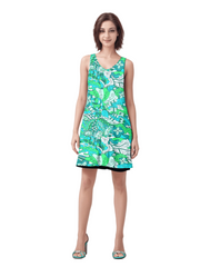 Bold retro chic reversible dress by Blissfully Brand, featuring a vibrant green, blue, and white psychedelic pattern with swirls, florals, and abstract designs. Sleeveless with a flattering A-line silhouette, perfect for making a statement in vintage-inspired style