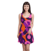 Bold and colorful Tokyo print skater dress in purple, orange, and pink abstract pop art design, geometric bold retro pattern - Summer Chic - Blissfully Brand