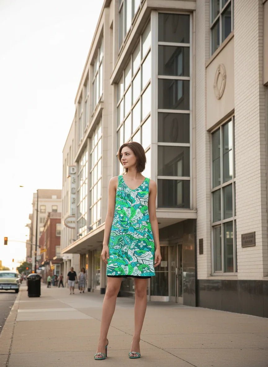 Bold retro chic reversible dress by Blissfully Brand, featuring a vibrant green, blue, and white psychedelic pattern with swirls, florals, and abstract designs. Sleeveless with a flattering A-line silhouette, perfect for making a statement in vintage-inspired style