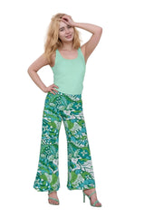Umibe print high waist palazzo pants with green floral pattern - Retro Wide leg trousers - Coastal Summer Chic Styles - Profonde by Blissfully Brand