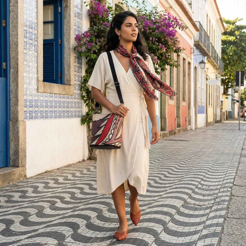 Unia Leather Bucket Bag — bold cherry red and burgundy botanical print on cream Nappa leather, gunmetal hardware, adjustable strap — London Bliss Collection by Blissfully Brand