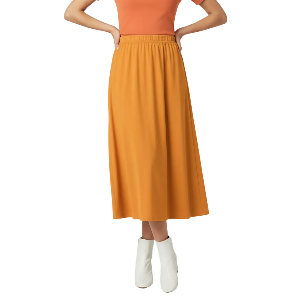Core Series Essentials High‑Waisted Pleated Midi Skirt in tangerine - Blissfully Brand