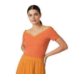 Core Series Essentials V-neck off-shoulder fitted tee in Giant Orange with Tangerine trim - Blissfully Brand