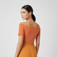 Orange Off Shoulder V-neck Fitted Tee - Core Series