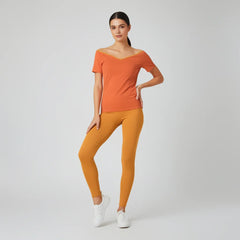 Orange Off Shoulder V-neck Fitted Tee - Core Essentials