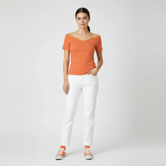 Orange Off Shoulder V-neck Fitted Tee - Core Essentials