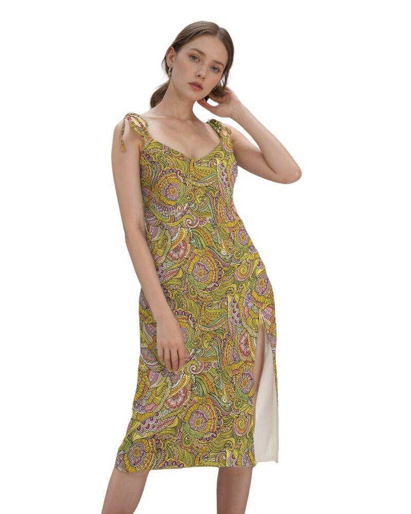 vibrant chiffon retro green and pink paisley printed midi dress with spaghetti straps and a thigh-high slit.