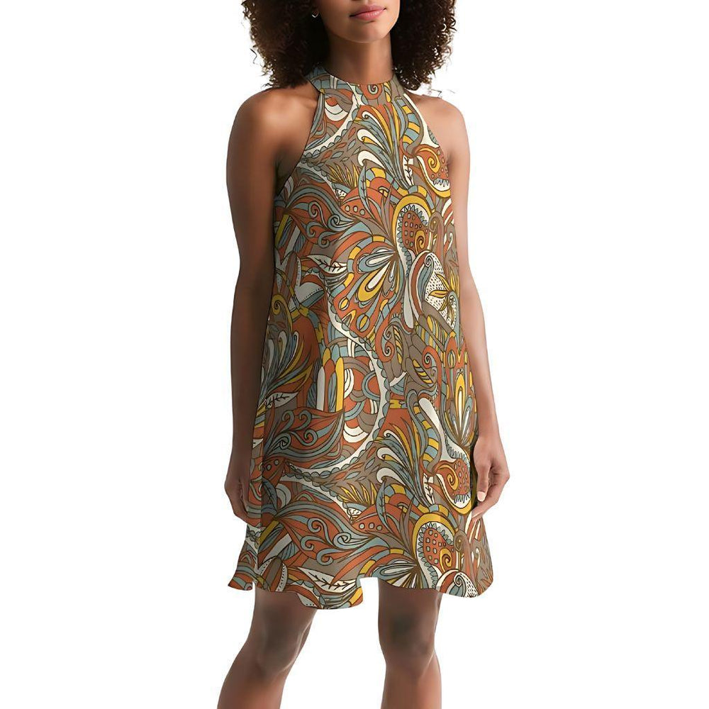 Win Halter Flares Dress- Wild Paisley Print in Chiffon Retro Mini Psychedelic Kaleidoscope Yellow Orange Green Bold Funky Swirls