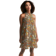 Win Halter Flares Dress- Wild Paisley Print in Chiffon Retro Mini Psychedelic Kaleidoscope Yellow Orange Green Bold Funky Swirls