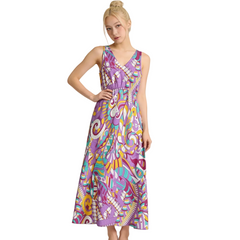 Yume Print V-Neck Cinched Waist Maxi Dress in lavender, teal, amber and mulberry psychedelic print — sleeveless maxi dress with elastic waist and side pockets. Blissfully Brand made-to-order statement dress for women who refuse to blend in. BlissfullyBrand.com.