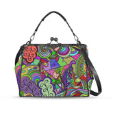 Vibrant Eranas print handbag featuring psychedelic abstract swirls in colorful pink, green, and purple patterns with detachable strap and kiss lock metal clasp - Blissfully Brand