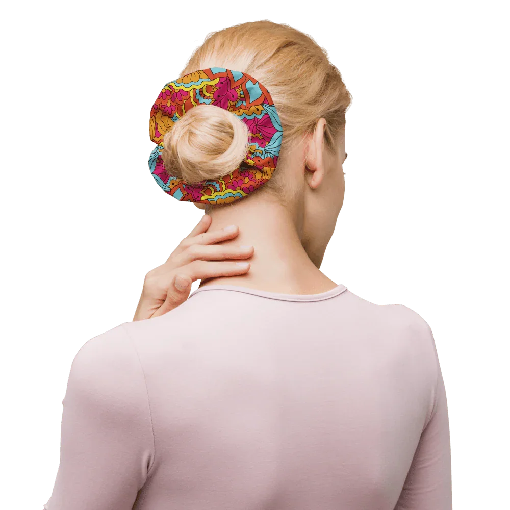 Inela Bow Hair Scrunchie - Flower Power Floral Print Multicolor Retro Bold Vibrant Psychedelic Red Yellow Pink