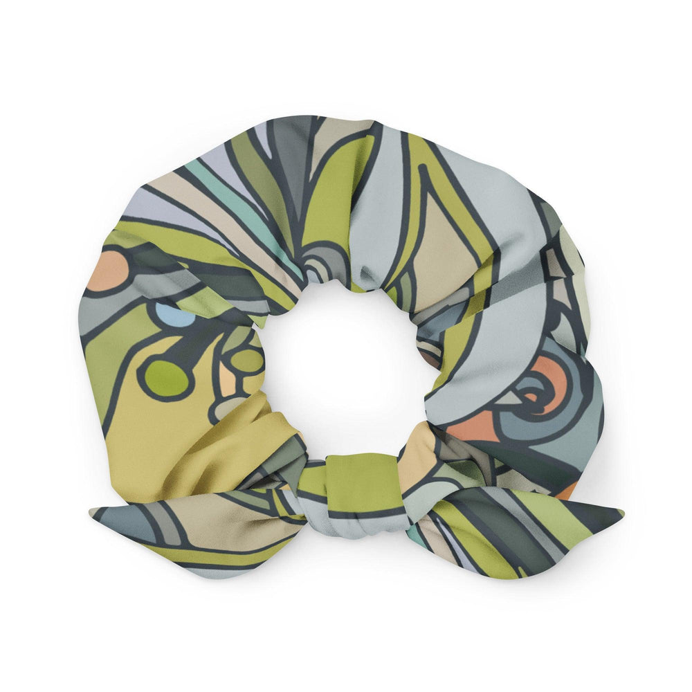 Jana Hair Bow Scrunchie - Abstract Paisley Print in Green Yellow Brown Retro Kaleidoscope Swirls Funky Recycled