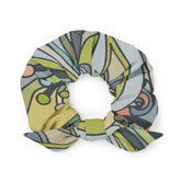 Jana Hair Bow Scrunchie - Abstract Paisley Print in Green Yellow Brown Retro Kaleidoscope Swirls Funky Recycled