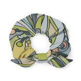 Jana Hair Bow Scrunchie - Abstract Paisley Print in Green Yellow Brown Retro Kaleidoscope Swirls Funky Recycled