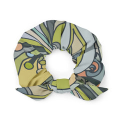 Jana Hair Bow Scrunchie - Abstract Paisley Print in Green Yellow Brown Retro Kaleidoscope Swirls Funky Recycled