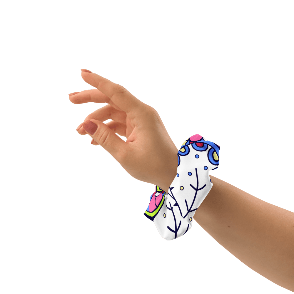 Sechia Hair Bow Scrunchie - Abstract Paisley Print in Blue Green Pink recycled retro funky bold vibrant multicolor