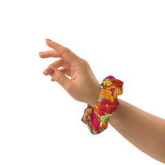 Inela Bow Hair Scrunchie - Flower Power Floral Print Multicolor Retro Bold Vibrant Psychedelic Red Yellow Pink