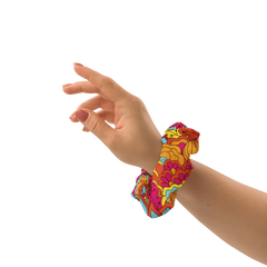 Inela Bow Hair Scrunchie - Flower Power Floral Print Multicolor Retro Bold Vibrant Psychedelic Red Yellow Pink