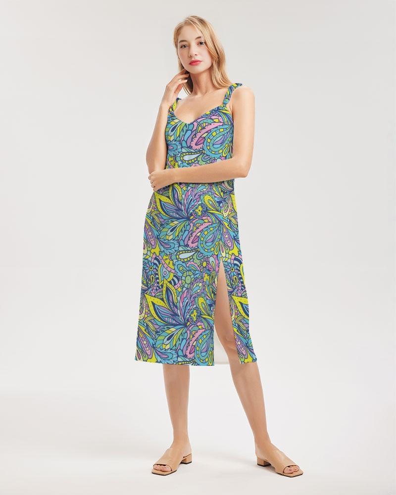 Sleeveless summer paisley dress Side slit colorful floral dress vibrant bold retro bright print midi dress Blissfully Brand