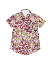 Women's Retro-inspired short sleeve button collar top with burgundy and yellow paisley print Piki pattern- Blissfully Brand