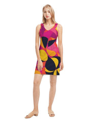 Airline Series - Rib Knit V Neck Tank Dress Geometric Abstract - Retro Bold Funky Avant Garde - Swirls Pink Orange Yellow Multi-color