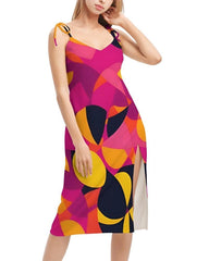 Airline Series Tie Strap Split Midi Dress - Geometric Abstract Print Multicolor Pink Orange Yellow Bold Vibrant Retro Avant Garde Psychedelic 70's pop art
