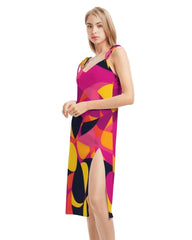 Airline Series Tie Strap Split Midi Dress - Geometric Abstract Print Multicolor Pink Orange Yellow Bold Vibrant Retro Avant Garde