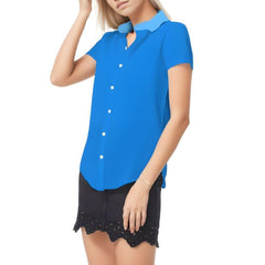 Ima Blue Two Tone Short Sleeve Button Down Collar Women's Top Round Hem Casual Coordinate Buttoned Down Collared Solid Lightweight