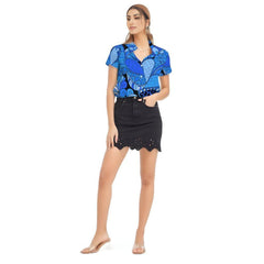 Ima Blue Wild Paisley Short Sleeve Button Down Women's Top Floral Retro Psychedelic Funky Bold Vibrant Kaleidoscope Print All Over Shirt Lightweight Collar