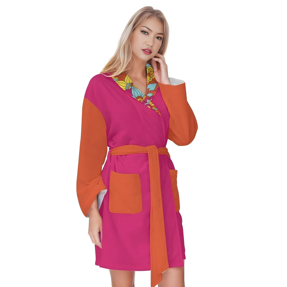 Inela Color Block Lightweight Short Pink & Orange Bathrobe Flower Power Retro Vibrant Robe Travel Pockets Self Tie Belted Women's