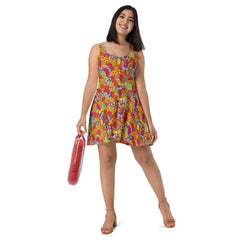 Inela Skater Mini Dress - Vibrant Flower Power Floral Print Retro Red Orange Yellow Pink Bold Vibrant Wow Plus Size
