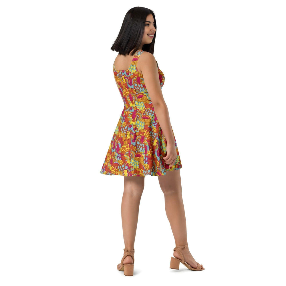 Inela Skater Mini Dress - Vibrant Flower Power Floral Print Retro Red Orange Yellow Pink Bold Vibrant Wow