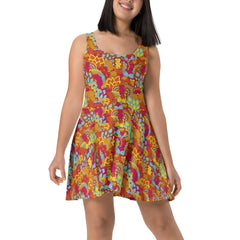 Inela Skater Mini Dress - Vibrant Flower Power Floral Print Retro Red Orange Yellow Pink Bold Vibrant Plus Size