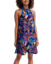 Jina Halter Flare Dress Psychedelic Swirl Floral Blue Orange Pop Art - Blissfully Brand Black Label