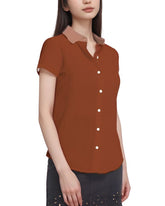 dark orange short-sleeved button-up shirt with brown orange collar women's blissfully brand