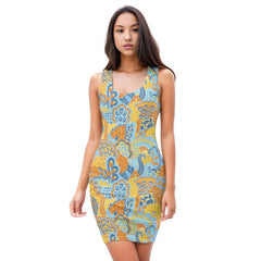 Pinsa Bodycon Mini Dress - Psychedelic Flower Power Paisley Floral Retro Blue Orange Yellow Funky Fitted Bold & Vibrant
