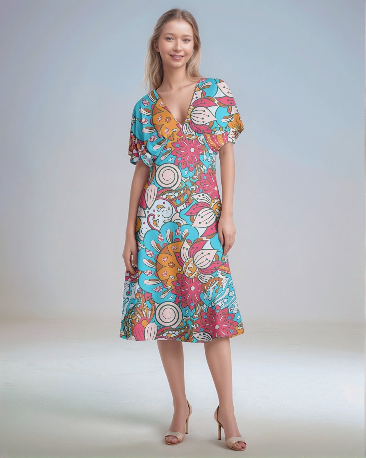 Inia Draped V-neck Midi Dress