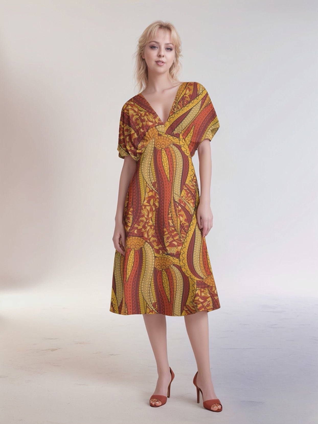 Ame Butterfly Sleeve Draped V-neck Midi Dress